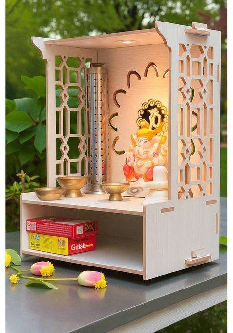 HOODWIN Pooja Mandir Home Office with LED Light H- 18 L- 16 W -8.75 In Home Temple Engineered Wood Home Temple(Height 39.5 DIY(Do-It-Yourself))