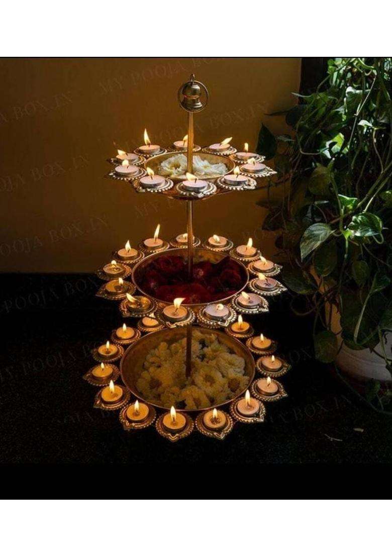 ZR HANDICRAFT Metal Urli Diya With Stand 3 Layer Iron Table Diya Set(Height 18 inch) - Indya