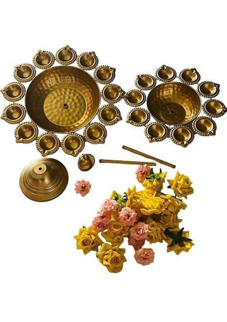ZR HANDICRAFT Metal Urli Diya With Stand 3 Layer Iron Table Diya Set(Height 18 inch) - Indya
