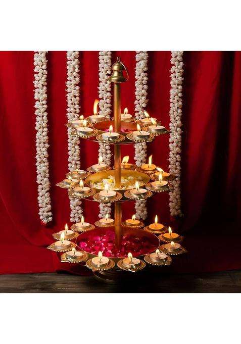 ZR HANDICRAFT Metal Urli Diya With Stand 3 Layer Iron Table Diya Set(Height 18 inch)