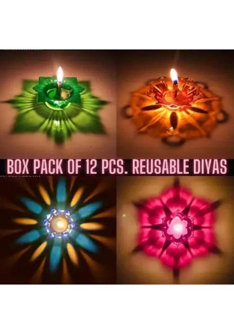 Rufous GlowSphere 3D Diya/WIth 12 multicolore diya/12wick Plastic (Pack of 12) Table Diya Set(Height 1.2 inch)