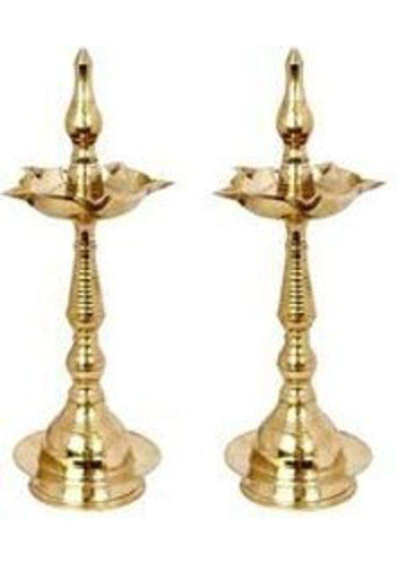Copperika Pure Brass Kerala Samai 10Inc Long Diya Oil Lamps for FestivalTemple Diya Brass (Pack of 2) Table Diya Set(Height 10 inch) - Indya