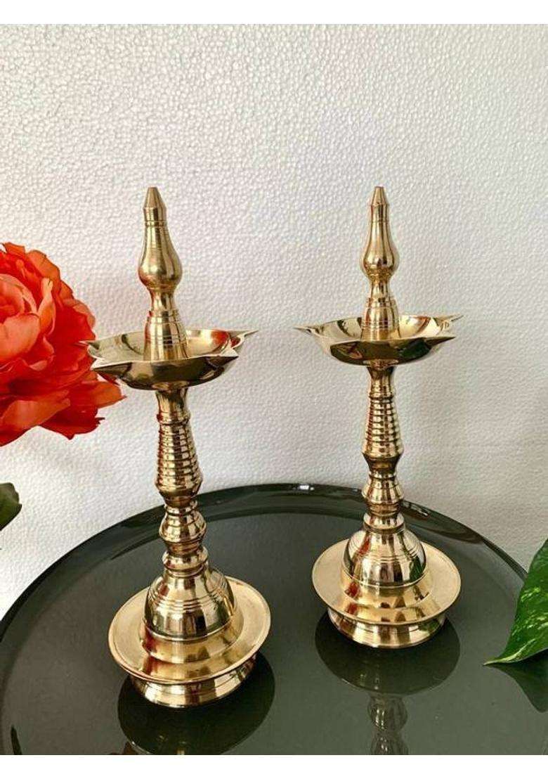 Copperika Pure Brass Kerala Samai 10Inc Long Diya Oil Lamps for FestivalTemple Diya Brass (Pack of 2) Table Diya Set(Height 10 inch) - Indya