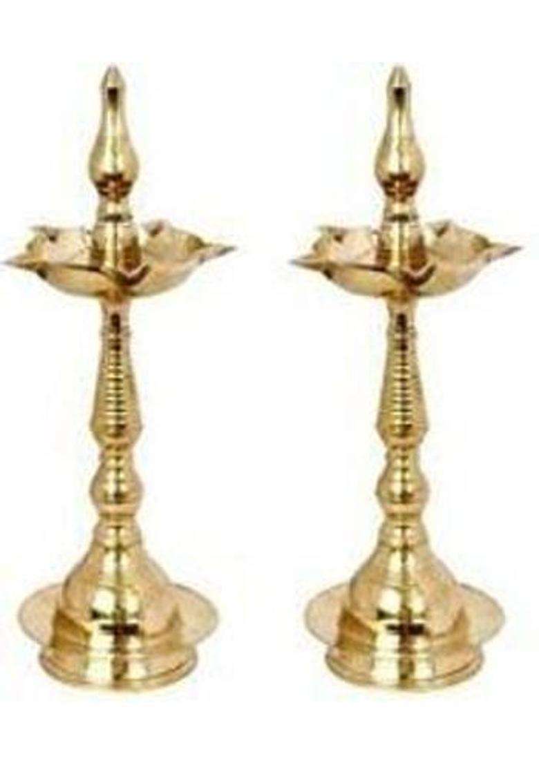 Copperika Pure Brass Kerala Samai 10Inc Long Diya Oil Lamps for FestivalTemple Diya Brass (Pack of 2) Table Diya Set(Height 10 inch) - Indya