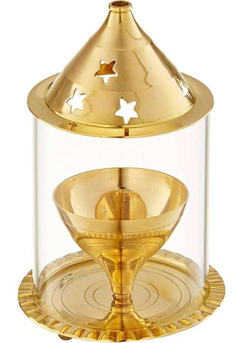 ShubhJyoti Brass Akhand 1 No Small Size Diya with Glass Cover Brass Table Diya(Height 4.33 inch) - Indya