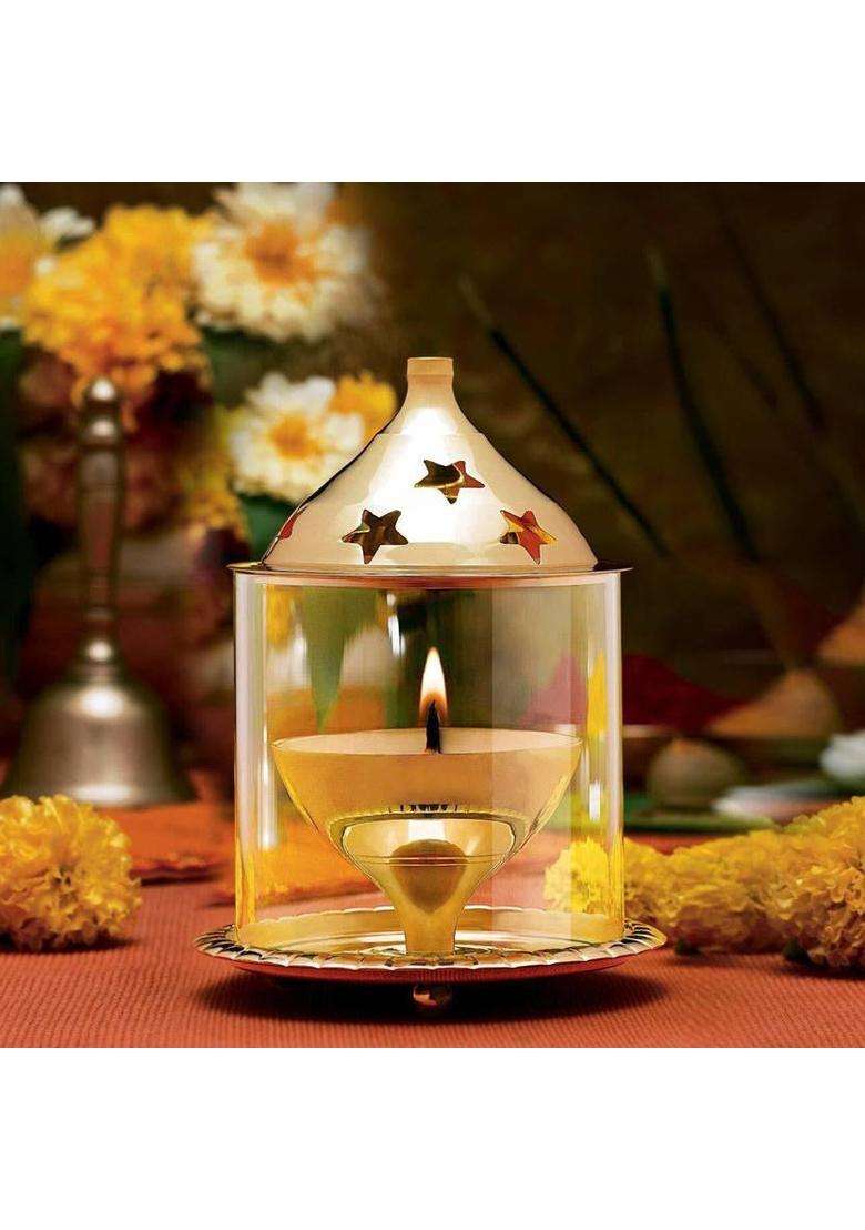 ShubhJyoti Brass Akhand 1 No Small Size Diya with Glass Cover Brass Table Diya(Height 4.33 inch) - Indya