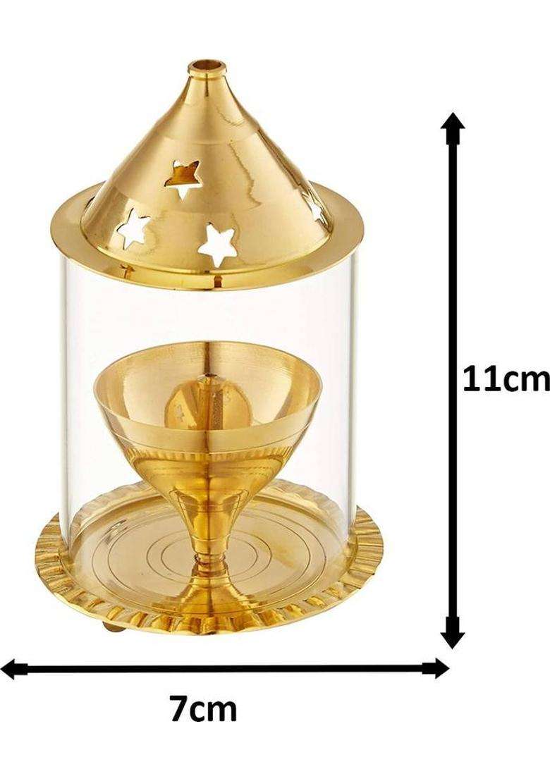 ShubhJyoti Brass Akhand 1 No Small Size Diya with Glass Cover Brass Table Diya(Height 4.33 inch) - Indya