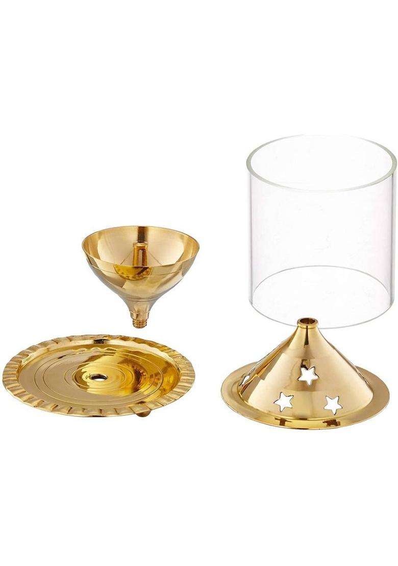ShubhJyoti Brass Akhand 1 No Small Size Diya with Glass Cover Brass Table Diya(Height 4.33 inch) - Indya