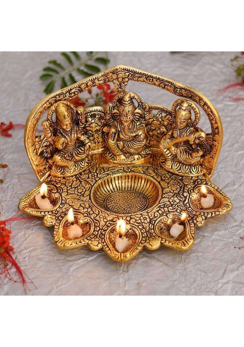 Collectible India Laxmi Ganesh Saraswati Idol Diya Oil Lamp Deepak - Metal Lakshmi Ganesha Showpiece Statue - Traditional Diya for Diwali Puja - Diwali Home Decoration Items Gift Aluminium Table Diya(Height 5 inch) - Indya