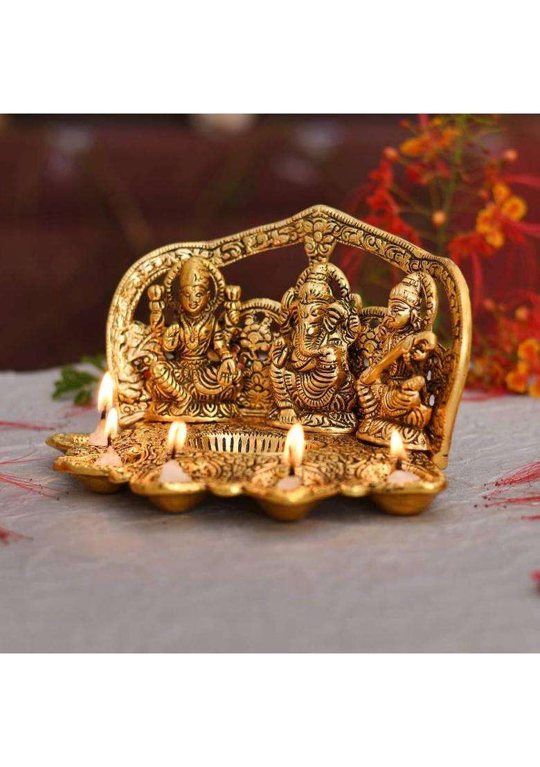 Collectible India Laxmi Ganesh Saraswati Idol Diya Oil Lamp Deepak - Metal Lakshmi Ganesha Showpiece Statue - Traditional Diya for Diwali Puja - Diwali Home Decoration Items Gift Aluminium Table Diya(Height 5 inch) - Indya