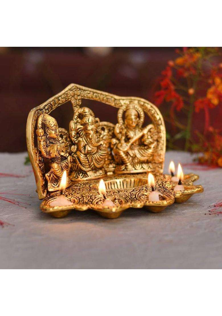 Collectible India Laxmi Ganesh Saraswati Idol Diya Oil Lamp Deepak - Metal Lakshmi Ganesha Showpiece Statue - Traditional Diya for Diwali Puja - Diwali Home Decoration Items Gift Aluminium Table Diya(Height 5 inch) - Indya