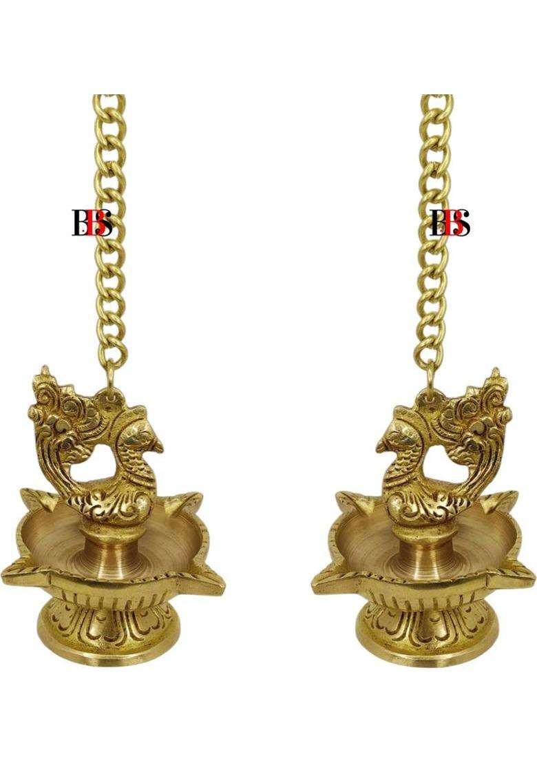 B.B.S BRASS BRAND STATUES Diya Brass Peacock Hanging Set of 2 Deepak Peacock Hanging Pack of 2 Diya Brass (Pack of 2) Hanging Diya Set(Height 16 inch) - Indya