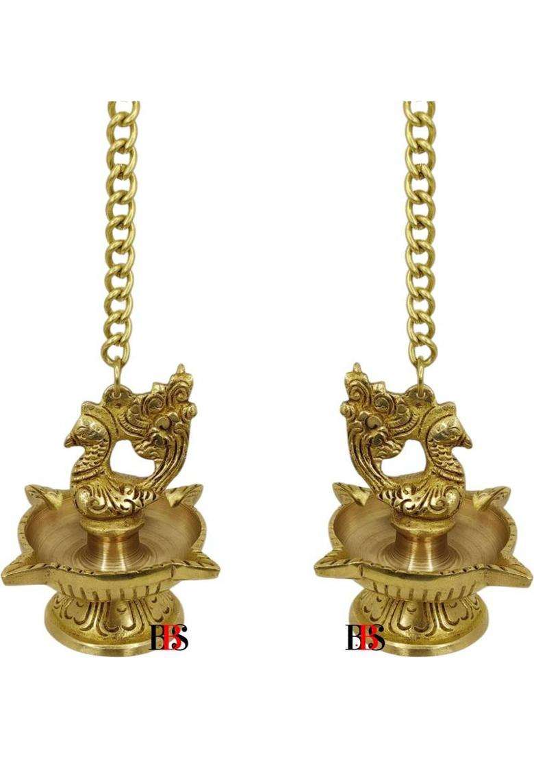 B.B.S BRASS BRAND STATUES Diya Brass Peacock Hanging Set of 2 Deepak Peacock Hanging Pack of 2 Diya Brass (Pack of 2) Hanging Diya Set(Height 16 inch) - Indya