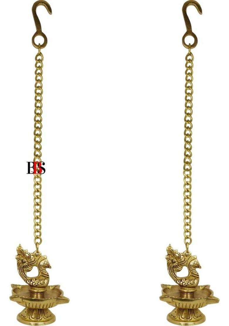 B.B.S BRASS BRAND STATUES Diya Brass Peacock Hanging Set of 2 Deepak Peacock Hanging Pack of 2 Diya Brass (Pack of 2) Hanging Diya Set(Height 16 inch) - Indya