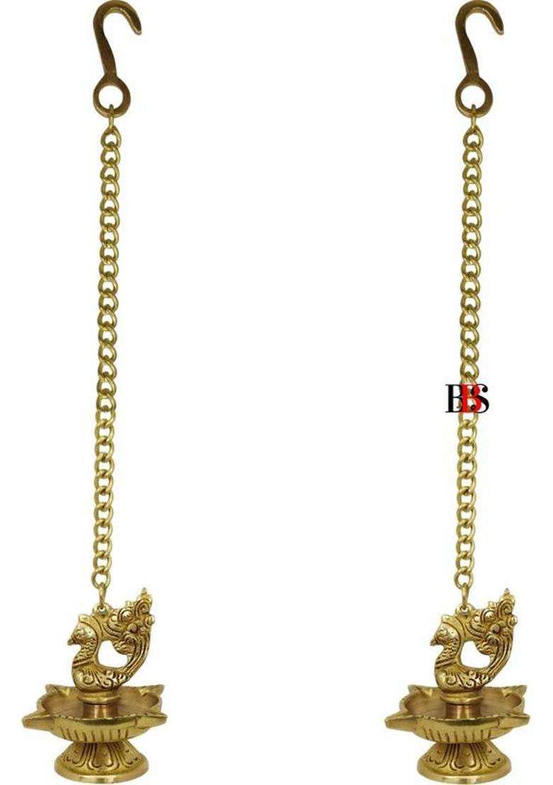B.B.S BRASS BRAND STATUES Diya Brass Peacock Hanging Set of 2 Deepak Peacock Hanging Pack of 2 Diya Brass (Pack of 2) Hanging Diya Set(Height 16 inch) - Indya