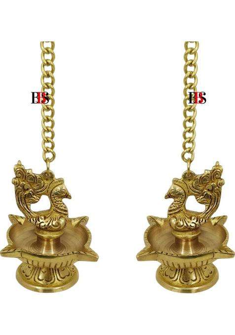 B.B.S BRASS BRAND STATUES Diya Brass Peacock Hanging Set of 2 Deepak Peacock Hanging Pack of 2 Diya Brass (Pack of 2) Hanging Diya Set(Height 16 inch)