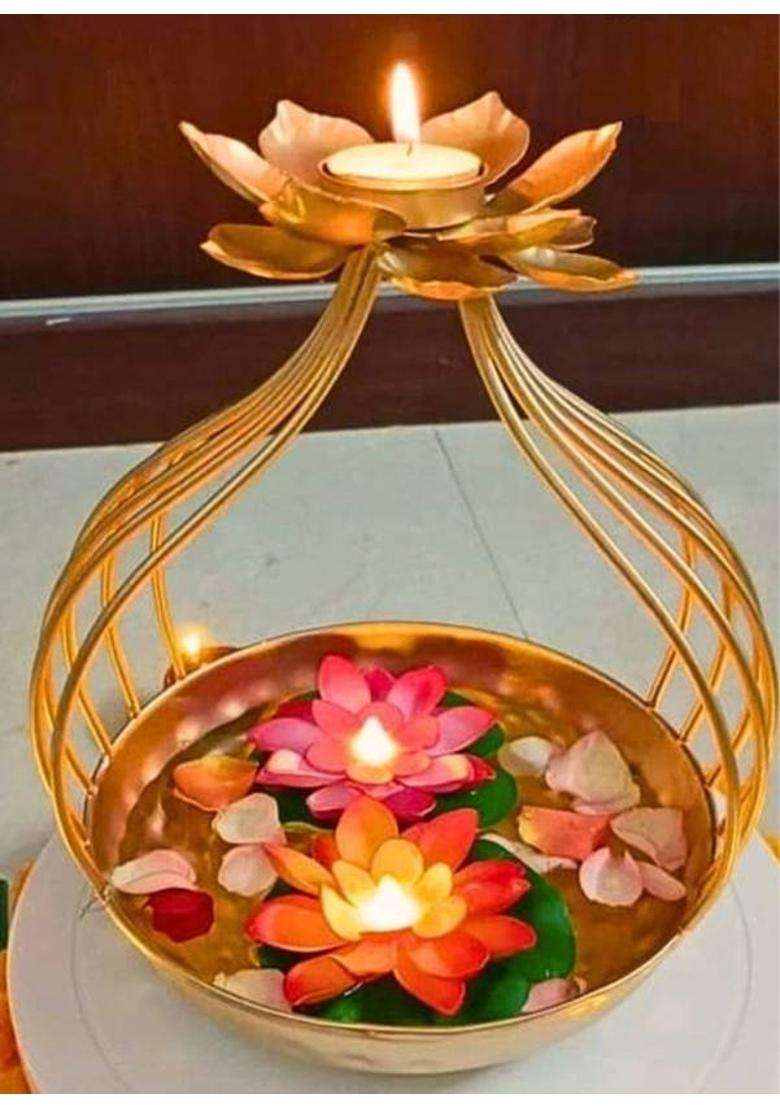 Matallic masterpieces Lotus shape urli diya for Pooja and diwali festival Iron Table Diya(Height 8 inch) - Indya