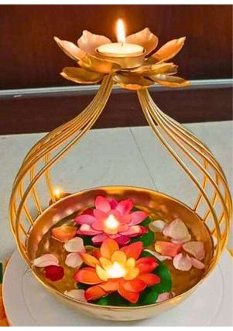 Matallic masterpieces Lotus shape urli diya for Pooja and diwali festival Iron Table Diya(Height 8 inch) - Indya