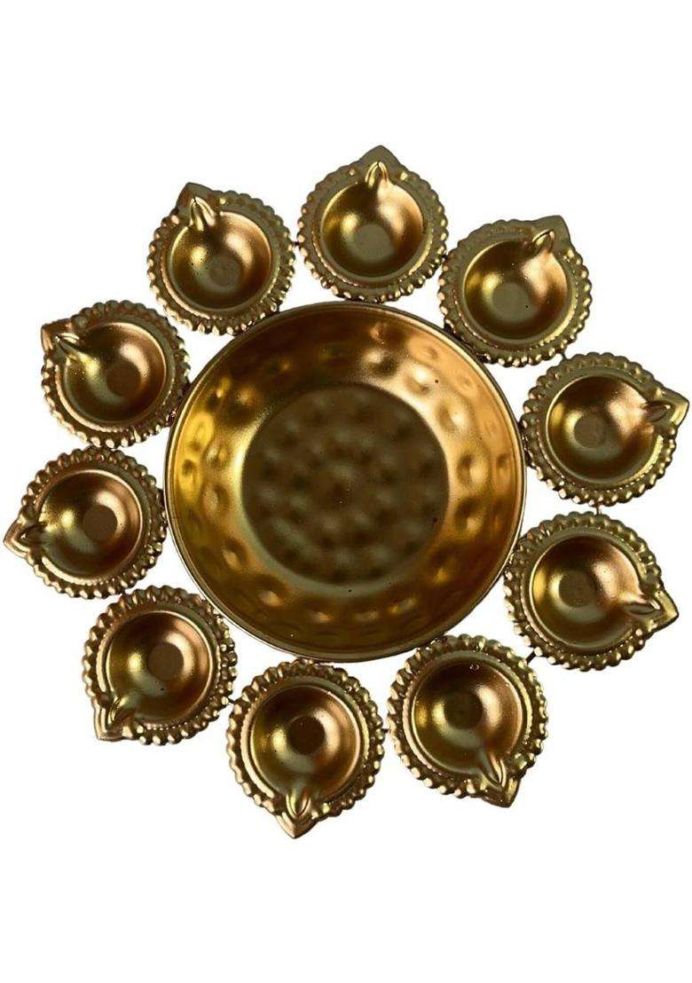 EVERYTHING EXPORTS Decor Urli Bowl for Home Decor & Tealight Holders with 10 Holders24cm Diameter Iron Table Diya Set(Height 3 inch) - Indya
