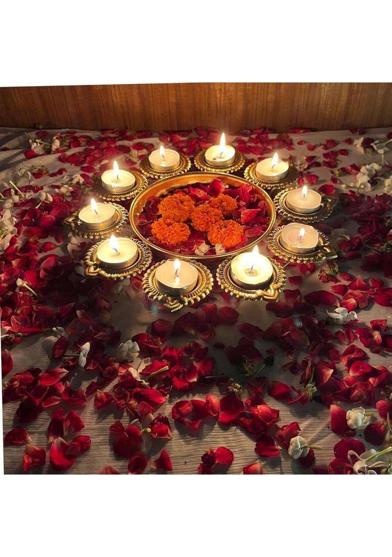 EVERYTHING EXPORTS Decor Urli Bowl for Home Decor & Tealight Holders with 10 Holders24cm Diameter Iron Table Diya Set(Height 3 inch) - Indya