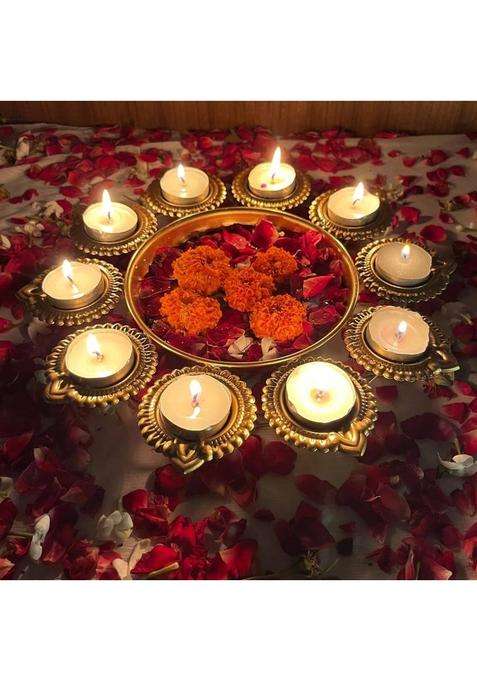 EVERYTHING EXPORTS Decor Urli Bowl for Home Decor & Tealight Holders with 10 Holders24cm Diameter Iron Table Diya Set(Height 3 inch)