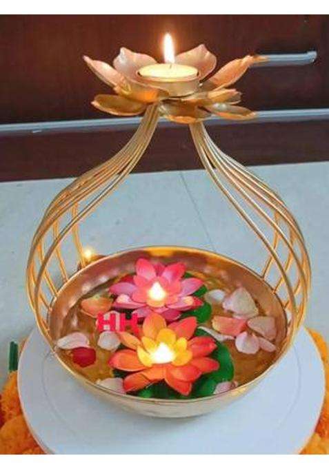 apardecor Brass Lotus Urli Bowl for Diwali Decoration metal urli bowl diwali decoration Iron Table Diya Set(Height 10 inch)