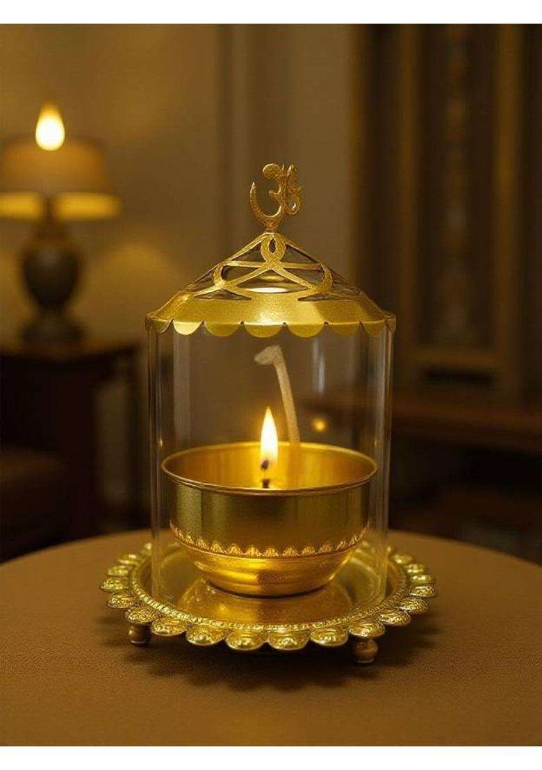 GOOD LUCK HANDICRAFTS Akhand Diya with Adjustable Bati Lifting Screw Wick Stay Lit for 48 Hours Brass Table Diya(Height 5 inch) - Indya