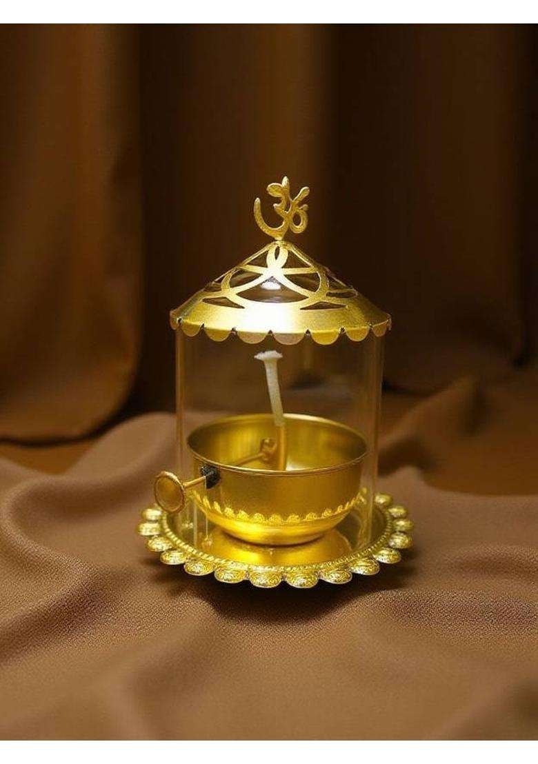 GOOD LUCK HANDICRAFTS Akhand Diya with Adjustable Bati Lifting Screw Wick Stay Lit for 48 Hours Brass Table Diya(Height 5 inch) - Indya