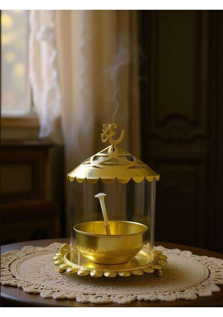 GOOD LUCK HANDICRAFTS Akhand Diya with Adjustable Bati Lifting Screw Wick Stay Lit for 48 Hours Brass Table Diya(Height 5 inch) - Indya