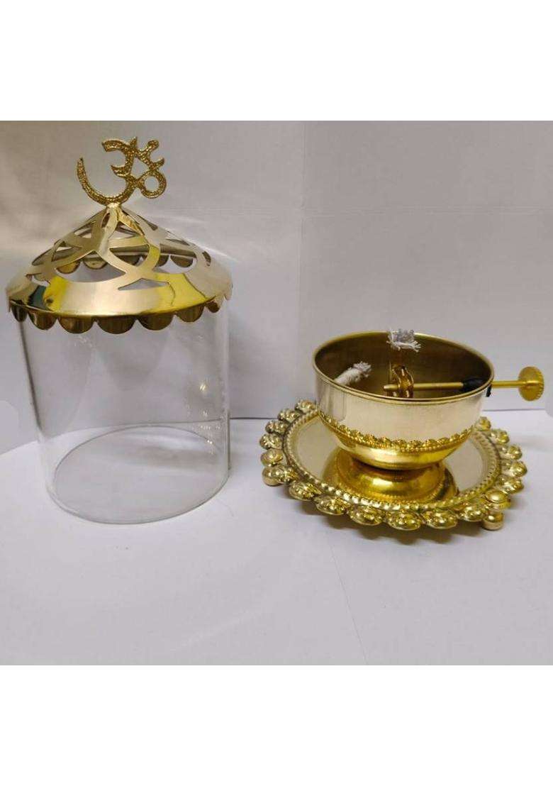 GOOD LUCK HANDICRAFTS Akhand Diya with Adjustable Bati Lifting Screw Wick Stay Lit for 48 Hours Brass Table Diya(Height 5 inch) - Indya