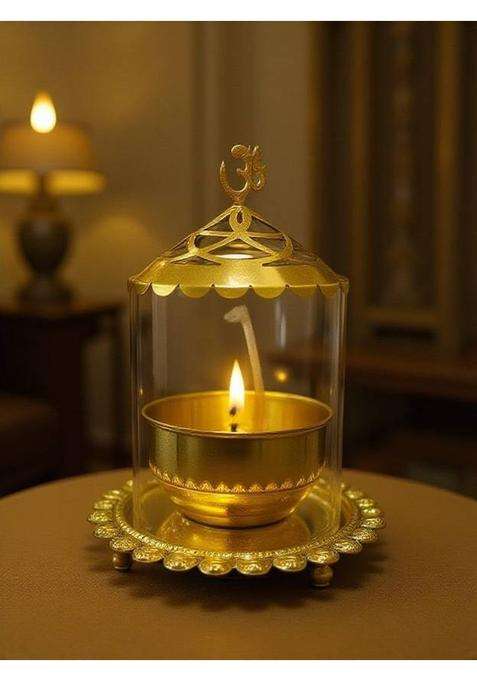 GOOD LUCK HANDICRAFTS Akhand Diya with Adjustable Bati Lifting Screw Wick Stay Lit for 48 Hours Brass Table Diya(Height 5 inch)