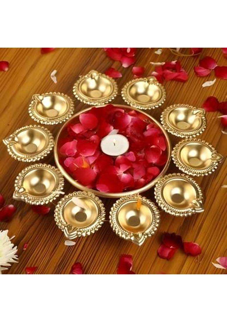 ZUNISHOP Urli Golden Shiny Finish 10 Diyas Decorative Iron Table Diya(Height 10 inch) - Indya