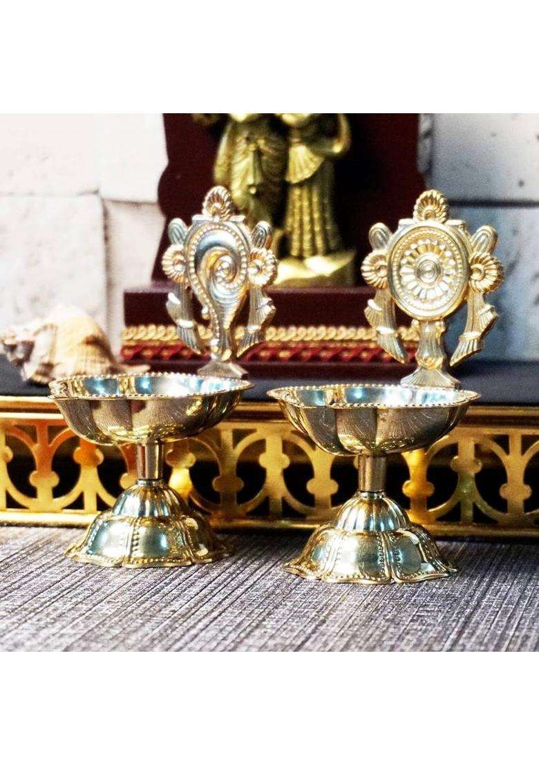 T-KA108 Diya for Puja Pooja-Shanku Chakra Star Diya Set (Medium) Brass (Pack of 2) Table Diya(Height 4.3 inch) - Indya