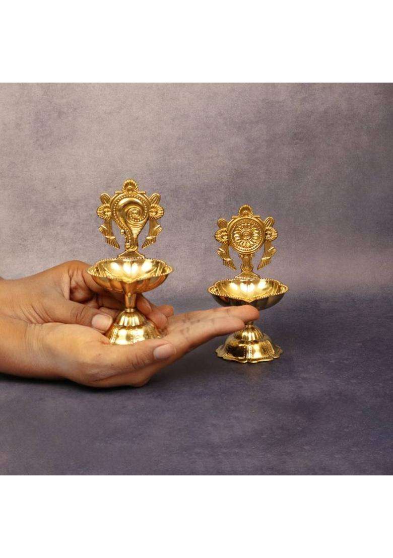 T-KA108 Diya for Puja Pooja-Shanku Chakra Star Diya Set (Medium) Brass (Pack of 2) Table Diya(Height 4.3 inch) - Indya