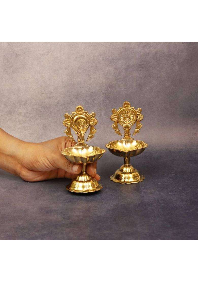 T-KA108 Diya for Puja Pooja-Shanku Chakra Star Diya Set (Medium) Brass (Pack of 2) Table Diya(Height 4.3 inch) - Indya