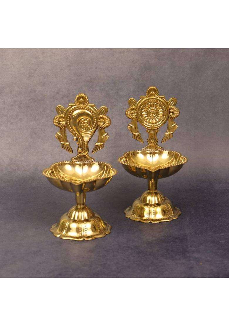 T-KA108 Diya for Puja Pooja-Shanku Chakra Star Diya Set (Medium) Brass (Pack of 2) Table Diya(Height 4.3 inch) - Indya