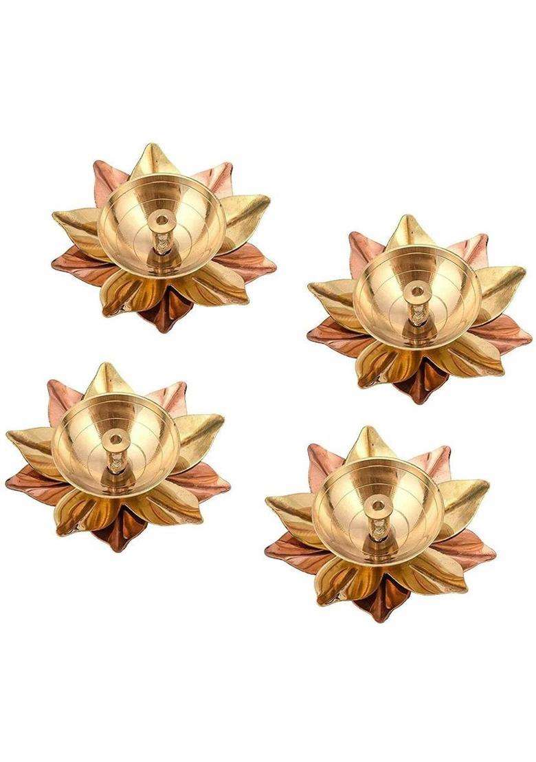 Fashion Bizz Brass Akhand Lotus/Kamal Diya Akhand Jyot Magical Lantern Brass Diya Brass Copper (Pack of 4) Table Diya(Height 1.5 inch) - Indya