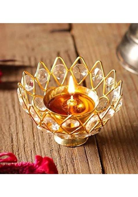 HAMZA Crystal Golden Diya Decorative Tealight Holder Brass Table Diya(Height 2.5 inch)