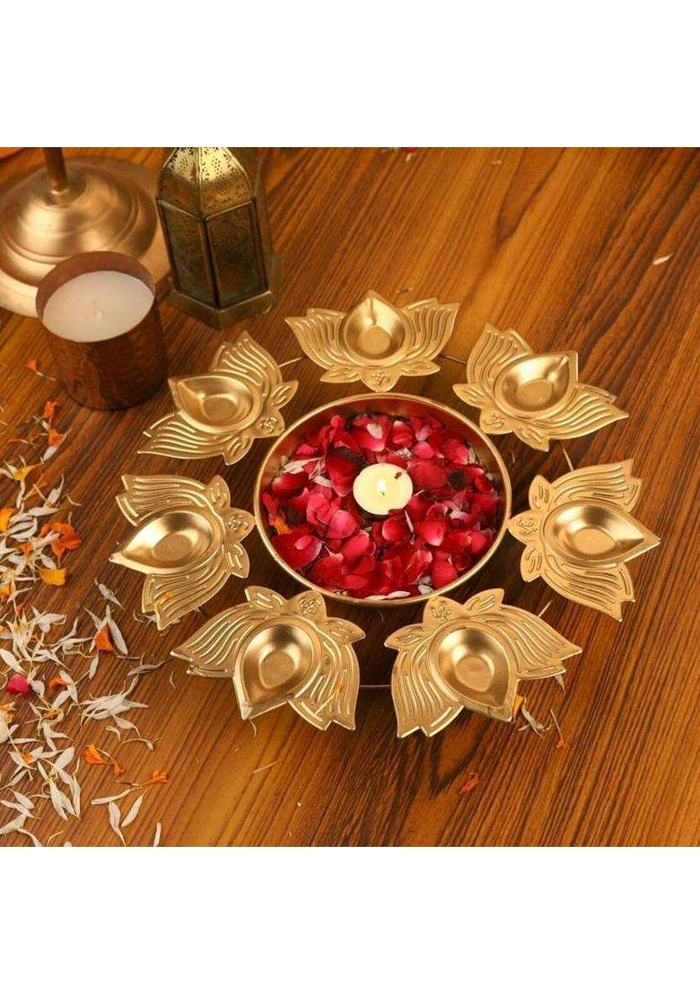 IMRAB CREATIONS Decorative Metal Urli Bowl for Floating Flowers with Diya Border (Dia - 10 Inch) Iron Table Diya Set(Height 2.5 inch) - Indya