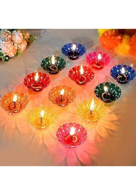 DREHOTRY 3D Reflection Diya Diwali Decoration Items for Home Decor Transparent Plastic (Pack of 12) Table Diya(Height 5 inch)