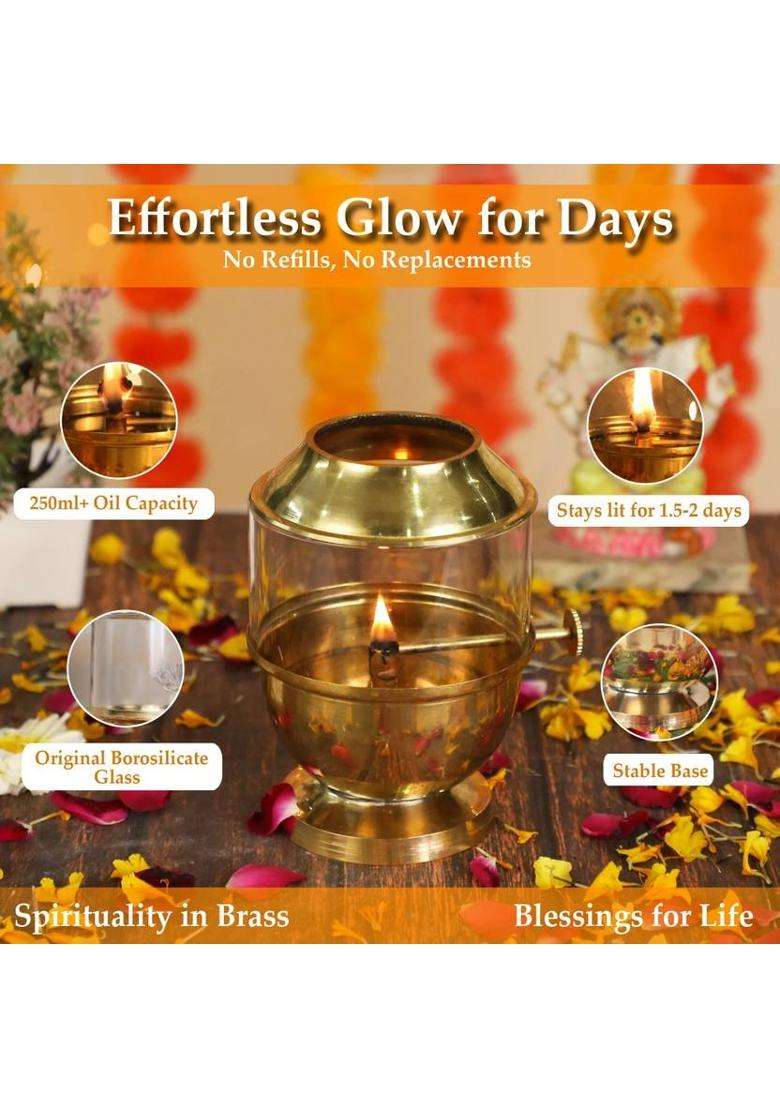 BSFA Adjustable Akhand Deep Capacity 250ml 48-Hour Burn Time for Prayer & Meditation Brass Borosilicate Glass Table Diya(Height 6 inch) - Indya