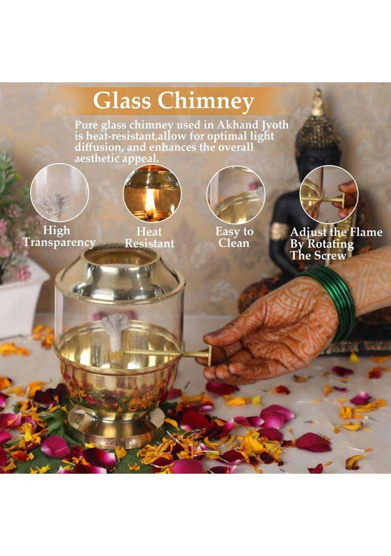 BSFA Adjustable Akhand Deep Capacity 250ml 48-Hour Burn Time for Prayer & Meditation Brass Borosilicate Glass Table Diya(Height 6 inch) - Indya