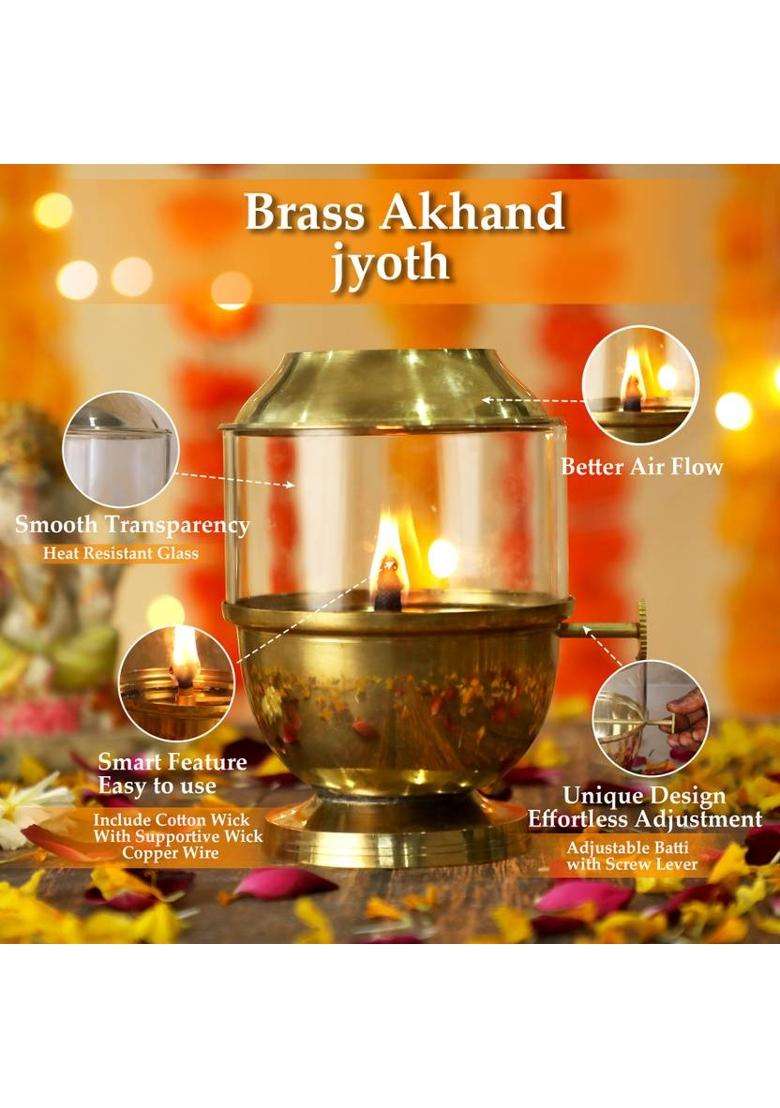 BSFA Adjustable Akhand Deep Capacity 250ml 48-Hour Burn Time for Prayer & Meditation Brass Borosilicate Glass Table Diya(Height 6 inch) - Indya