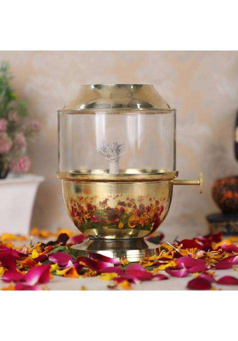 BSFA Adjustable Akhand Deep Capacity 250ml 48-Hour Burn Time for Prayer & Meditation Brass Borosilicate Glass Table Diya(Height 6 inch)