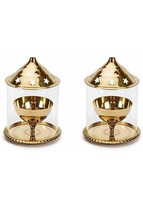 Puja N Pujari Brass Akhand Diya Lamp with Glass Cover Brass Glass (Pack of 2) Table Diya Set(Height 5 inch)