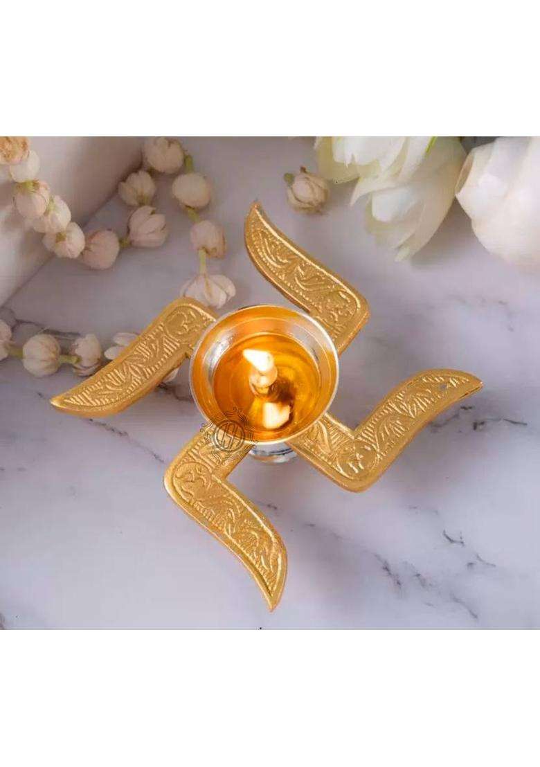 Dsh Brass Diya Swastik Oil Diya With Velvet Box For Diwali Temple Puja . Brass Table Diya(Height 2 inch) - Indya