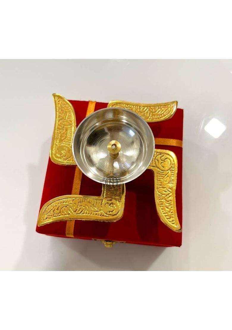 Dsh Brass Diya Swastik Oil Diya With Velvet Box For Diwali Temple Puja . Brass Table Diya(Height 2 inch) - Indya