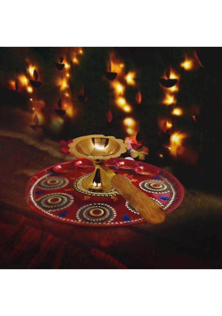 divine mart Brass Diya with wooden Handle Brass Diya Pital Diya Brass Table Diya(Height 2 inch) - Indya