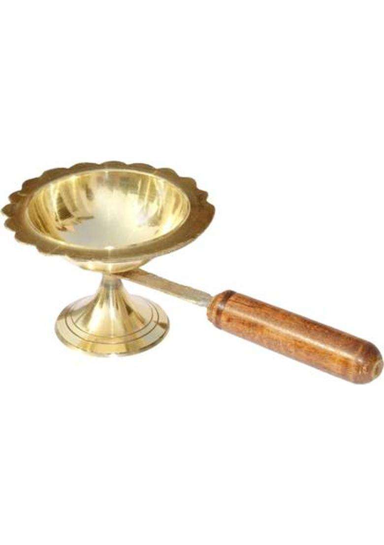divine mart Brass Diya with wooden Handle Brass Diya Pital Diya Brass Table Diya(Height 2 inch) - Indya