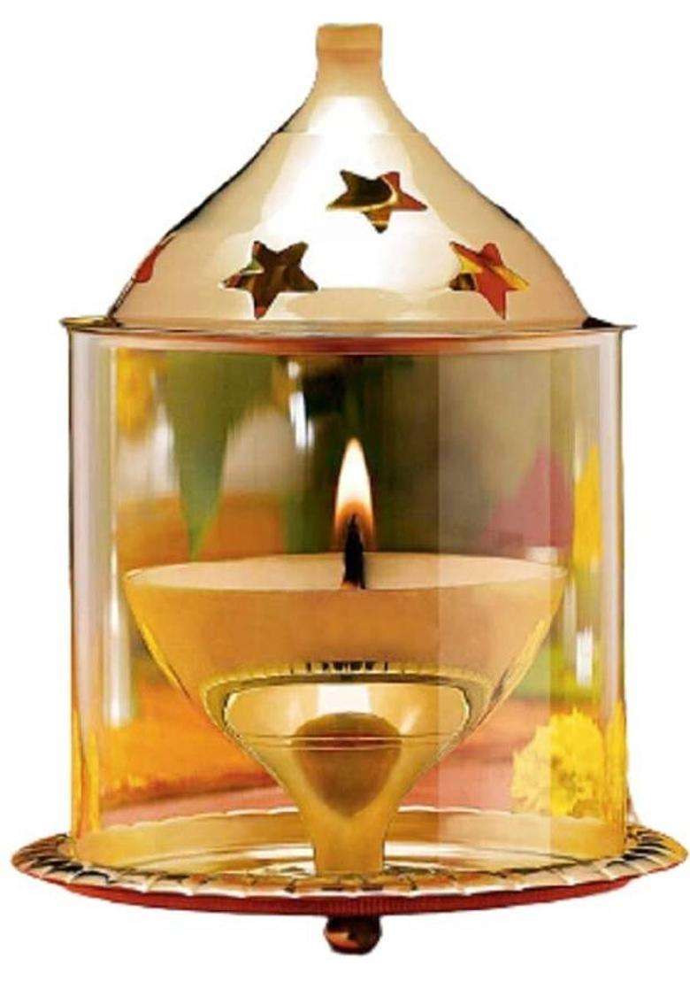 ANI DIVINE Golden Akhand Deep WIth Cover High Quality Brass Glass Table Diya Brass Glass Table Diya(Height 4 inch) - Indya